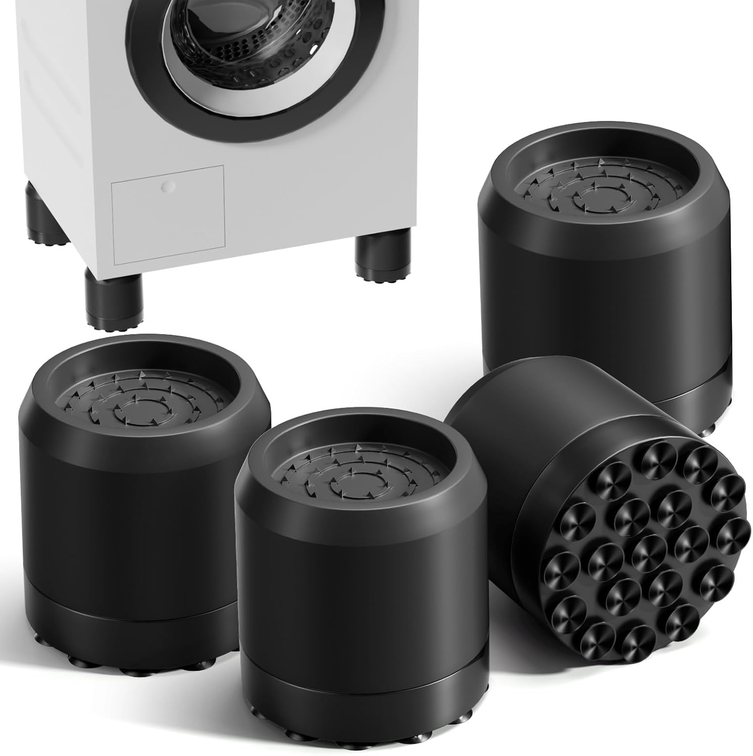 KASTWAVE Anti Vibration Pads for Washing Machine with Strong Suction Cup, 4 PCS Non Slip and Noise Cancelling Stabilizer, Bed Furniture Risers Adjustable 2.5", Anti-Walk Protects Pedestals, Black